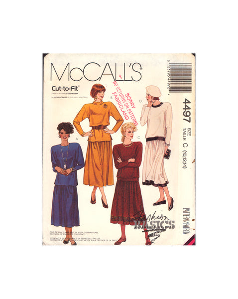 McCall's 4497 Sewing Pattern, Two Piece Dress with Optional Trim: Long Sleeve Top, Skirt with Yoke, Size 10-14, Uncut, Factory Folded