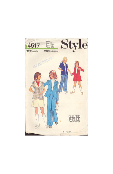 Style 4517 Sewing Pattern, Girls' Jacket, Skirt and Trousers, Girl Size 14, Cut, Incomplete