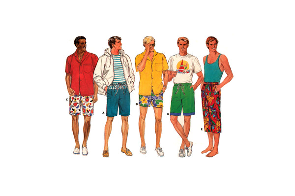 Butterick 4664 Mens' Straight Leg Shorts in Three Lengths with Elastic or Drawstring Waist, Part Cut, Complete, Sewing Pattern Size XS-M