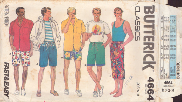 Butterick 4664 Sewing Pattern, Men's Shorts, Size XS-S-M, Cut, Incomplete