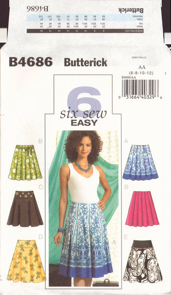 Butterick 4686 Sewing Pattern, Skirts, Size 6-12, Uncut, Factory Folded
