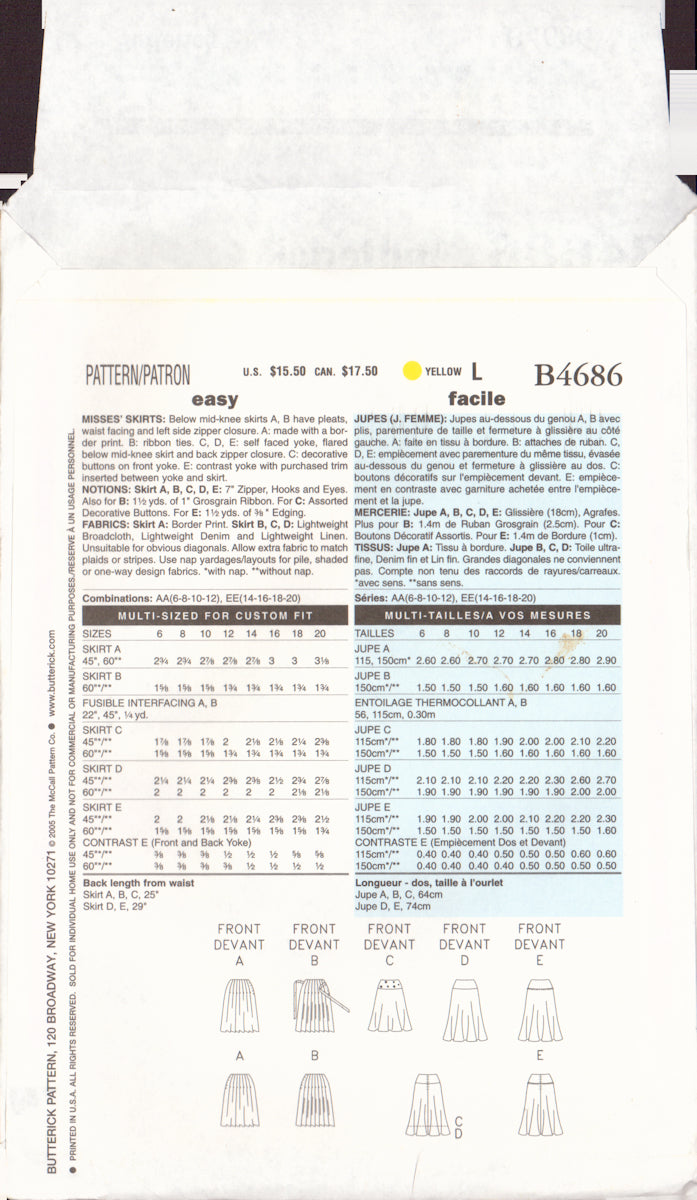 Butterick 4686 Sewing Pattern, Skirts, Size 6-12, Uncut, Factory Folde ...