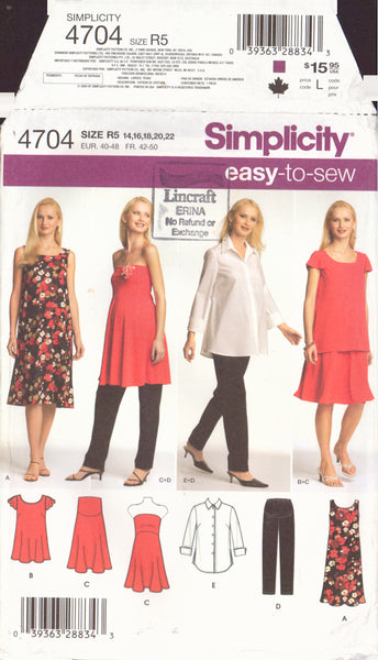 Simplicity 4704 Sewing Pattern, Maternity Shirt and Knit Dress or Tunic, Pants and Skirt or Strapless Top, Size 14, Cut, Complete