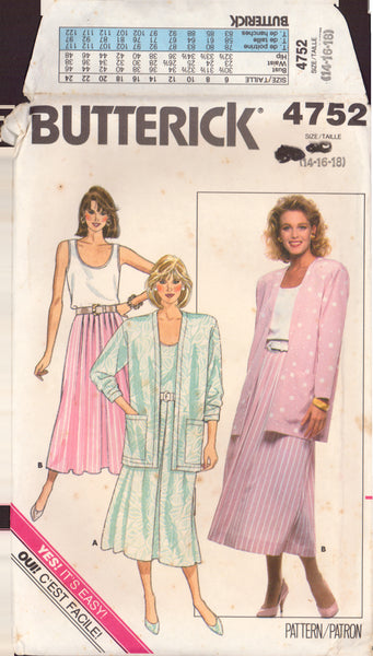 Butterick 4752 Sewing Pattern Jacket, Skirt and Top, Size 14-16-18, Uncut, Factory Folded