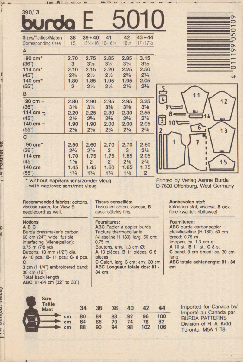 Burda Pattern Sizing Burda 5010 Sewing Pattern Shirt Size 38-40, Cut, Complete – Patterns ...