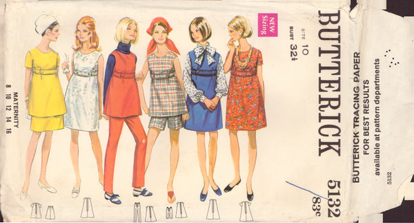 Butterick 5132 Sewing Pattern, Maternity Dress, Jumper, Tunic, Skirt, Pants & Shorts, Size 10, Uncut, Factory Folded