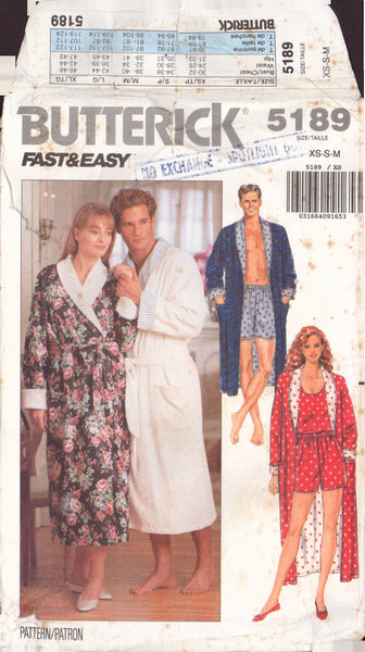 Butterick 5189 Sewing Pattern, Unisex Loungewear Robe, Shorts and Misses' Tank Top, Size XS-S-M, Cut, Complete