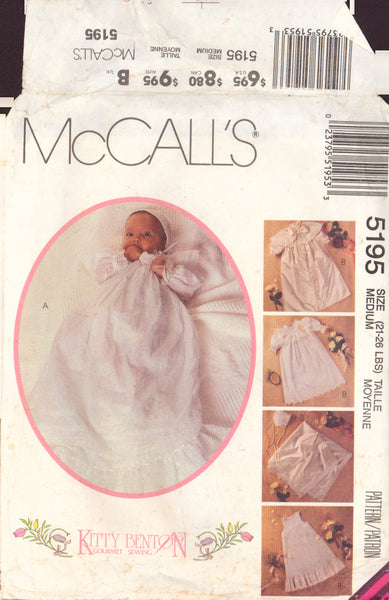 McCall's 5195 Sewing Pattern, Infants' Christening Coat, Detachable Cape, Gown, Slip, Bonnet and Blanket, Size Med, Partially Cut, Complete
