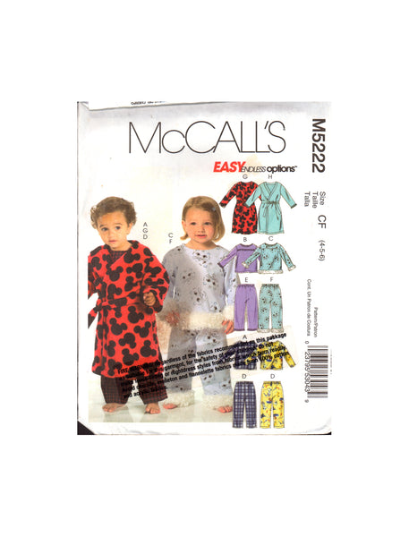 McCalls 5222 Sewing Pattern Children's Tops Pants Robe Belt Size 1-2-3 or Size 4-5-6, Uncut, Factory Folded