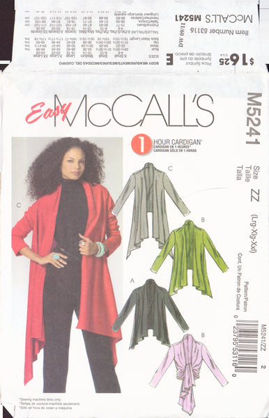 McCall's 5241 Sewing Pattern, Misses' Cardigan in Three Lengths, Size Lrg-Xlg-XXL, Neatly Cut, Complete