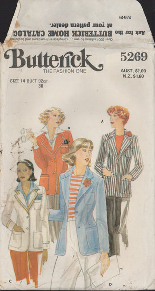 Butterick 5269 Sewing Pattern, Lined Blazer, Size 14, Cut, Complete