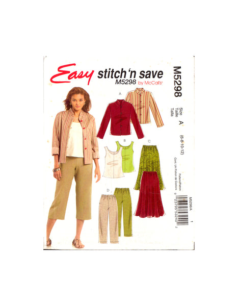 Stitch n Save 5298 Unlined Jacket, Top, Skirt and Pants, Uncut Factory Folded Sewing Pattern Size 6-12