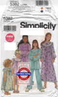 Simplicity 5382 Child's Sleepwear: Nightgown, Robe, Pajama Top and Pants, Uncut, Sewing Pattern Multi Size 3-6