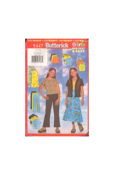 Butterick 5447 Sewing Pattern, Girls' Shirt, Pants, Top and Skirt, Size 12-14-16, Cut, Complete
