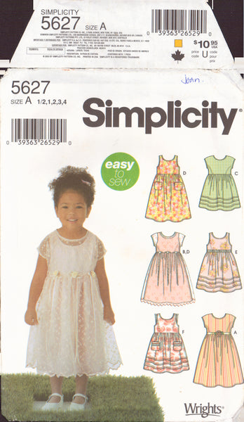 Simplicity 5627 Sewing Pattern, Toddler's Dress, Size 1/2-2, Neatly Cut, Complete