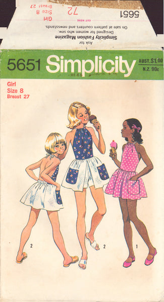 Simplicity 5651 Girl's Mini Halter-dress and Shorts, Sewing Pattern, Size 8, Cut, Complete