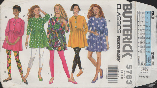 Butterick 5783 Sewing Pattern, Top, Dress and Leggings, Size 6-8-10-12, Partially Cut, Complete