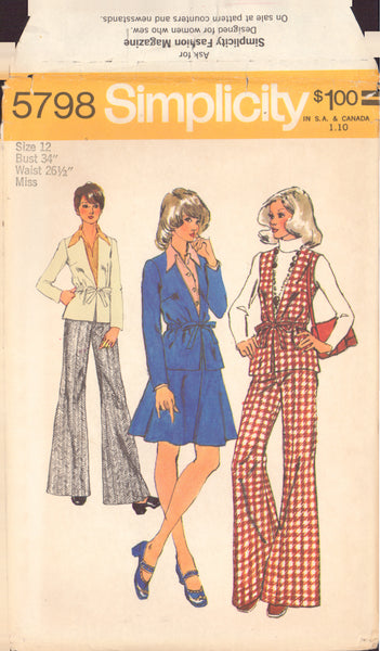 Simplicity 5798 Sewing Pattern Jacket or Vest, Skirt and Pants, Size 12, Uncut, Factory Folded