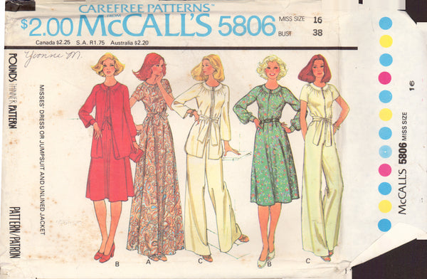 McCall's 5806 Sewing Pattern, Women's Dress or Jumpsuit and Jacket, Size 16, Uncut, Factory Folded