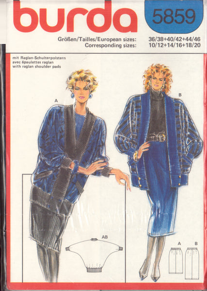 Burda 5859 Sewing Pattern Women's Dolman Jacket & 2-Length Skirt Size 10-20 Uncut Factory Folded