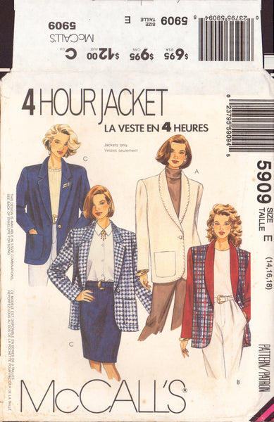 McCall's 5909 Sewing Pattern Jacket Size 14-16-18, Uncut Factory Folded