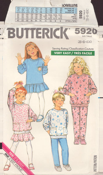Butterick 5920 Sewing Pattern, 1980s, Children's Dress, Top, Skirt & Pants, Size 5-6-6X, Uncut, Factory Folded
