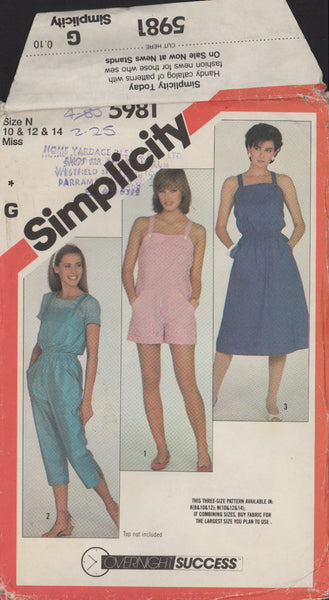 Simplicity 5981 Sewing Pattern, Overalls, Romper and Pullover Sundress or Jumper, Size 10-12-14, Partially Neatly Cut, Complete