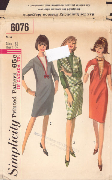 Simplicity 6076 Sewing Pattern, Dress or Jumper and Dickey, Size 12, Partially Neatly Cut, Complete