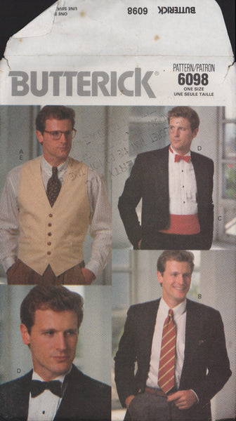 Butterick 6098 Sewing Pattern, Men's Ties, Cummerbund, Bow Tie and Vest, One Size, Cut, Complete