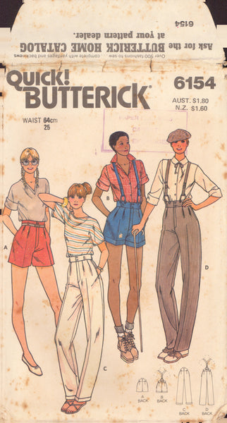 Butterick 6154 Sewing Pattern Pants Shorts Suspenders Waist 25" Uncut Factory Folded