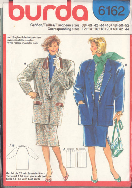 Burda 6162 Sewing Pattern Coat and Skirt, Size 12-20 & 40-44, Uncut, Factory Folded