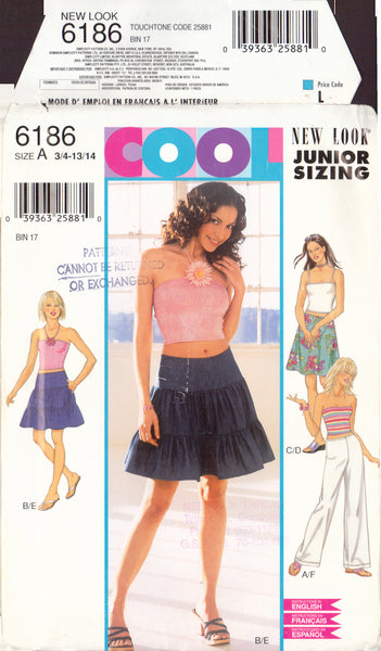 New Look 6186 Sewing Pattern Teen's Top, Skirt Pants, Size 3/4-13/14, Uncut, Factory Folded