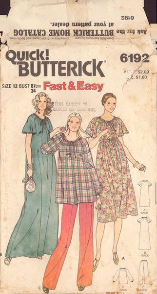 Butterick 6192 Sewing Pattern, Maternity Dress, Top, and Pants, Size 12, Cut, Complete