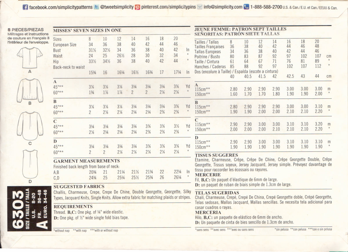 Pattern Sixe New Look 6303 Sewing Pattern, Women's Tops, Size 8-20, Uncut, Factory ...