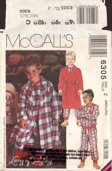 McCall's 6305 Sewing Pattern, Children's and Boys' Robe With Tie Belt and Pajamas, Size Med-Lrg, Cut, Complete