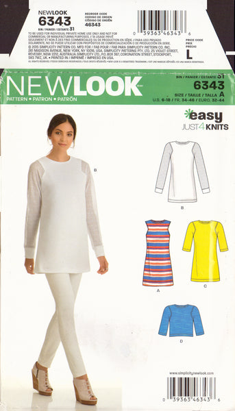 New Look 6343 Sewing Pattern, Top or Tunic, Size 6-18, Uncut, Factory Folded