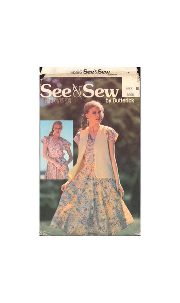 See&Sew 6395 Semi-Fitted, Flared Dress with Short Kimono Sleeves and Reversible Vest, Uncut, Factory Folded Sewing Pattern Size 8-18