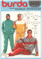 Burda 6433 Mens' Sportswear: Sweatshirt, Hooded Jacket and Pants, Partially Cut, Complete Sewing Pattern Size 34-48