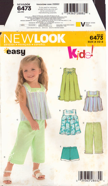 New Look 6473 Sewing Pattern, Toddler's Dress or Top, Size 1/2-4, Uncut, Factory Folded