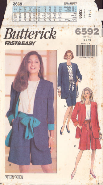 Butterick 6592 Sewing Pattern, Jacket, Top, Skirt, Shorts, Size 6-8-10, Uncut Factory Folded