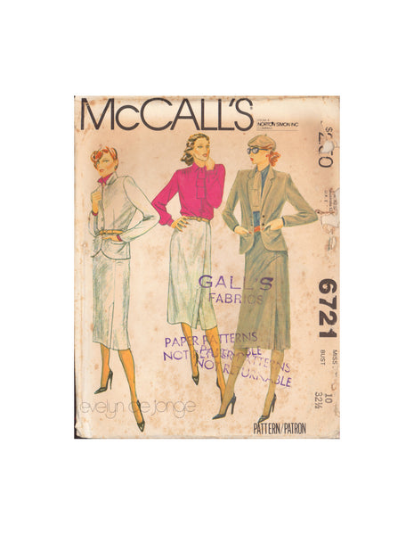 McCalls 6721 Sewing Pattern, Jacket Blouse Skirt, Size 10, Uncut, Factory Folded