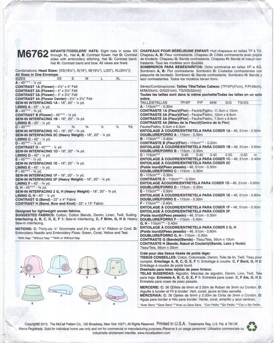 McCall's 6762 Child's Hats in Eight Different Styles, Uncut, Factory F ...
