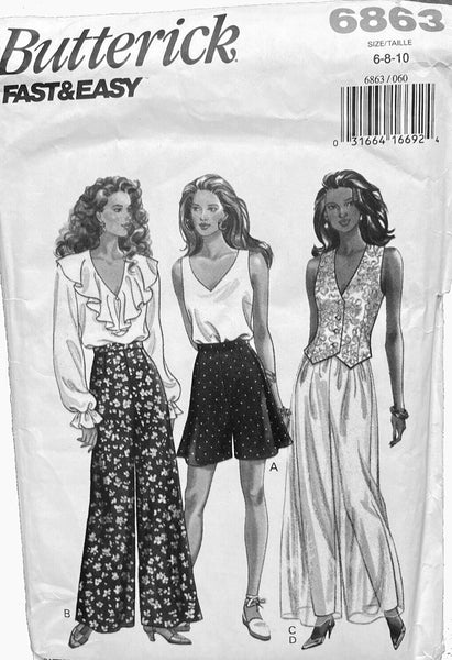 Butterick 6863 Sewing Pattern, Pants and Shorts, Size 6-8-10, Uncut, Factory Folded