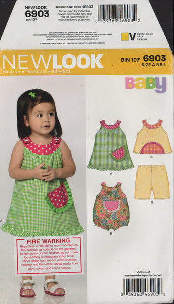 New Look 6903 Sewing Pattern, Baby Clothes, Size Newborn-Small-Medium-Large, Uncut, Complete