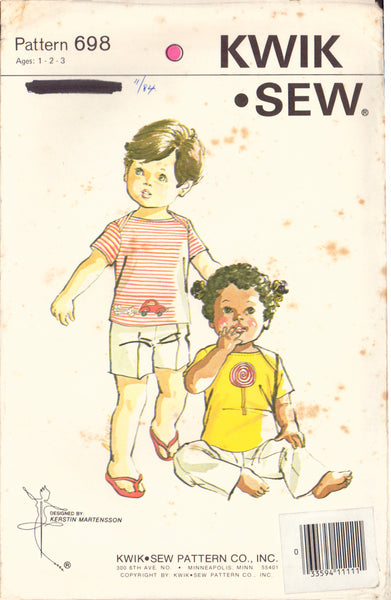 Kwik Sew 698 Sewing Pattern Toddlers' T-Shirt Age 1-2-3, Uncut Factory Folded
