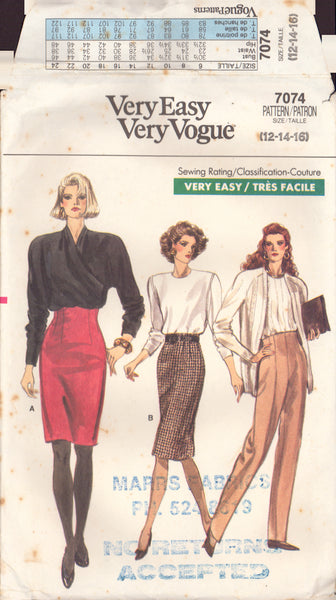Vogue 7074 Sewing Pattern, Skirt and Pants, Size 12, Cut, Complete