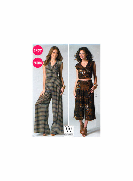 McCall's 7133 Mock Wrap Top, Wide Leg Pants and Jumpsuit, Uncut, Factory Folded Sewing Pattern Multi Size 6-14