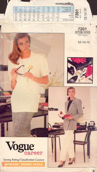 Vogue 7201 Sewing Pattern, Jacket, Skirt and Pants, Size 12-14-16, Cut, Complete