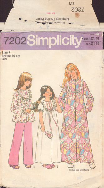 Simplicity 7202 Sewing Pattern, Girl's Nightgown, Pajamas and Robe, Size 7, Cut, Complete