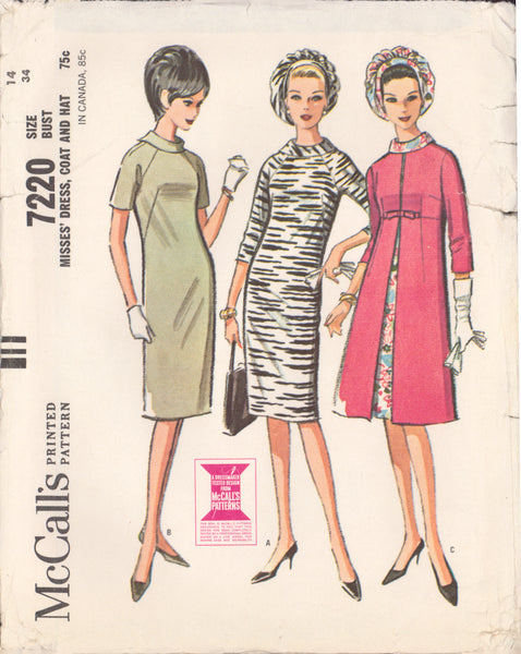 McCall's 7220 Sewing Pattern, Dress, Coat, Hat, Size 14, Partially Cut, Complete